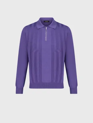 Zipped Polo with Crossed Stripes Jacquard Smoke Violet