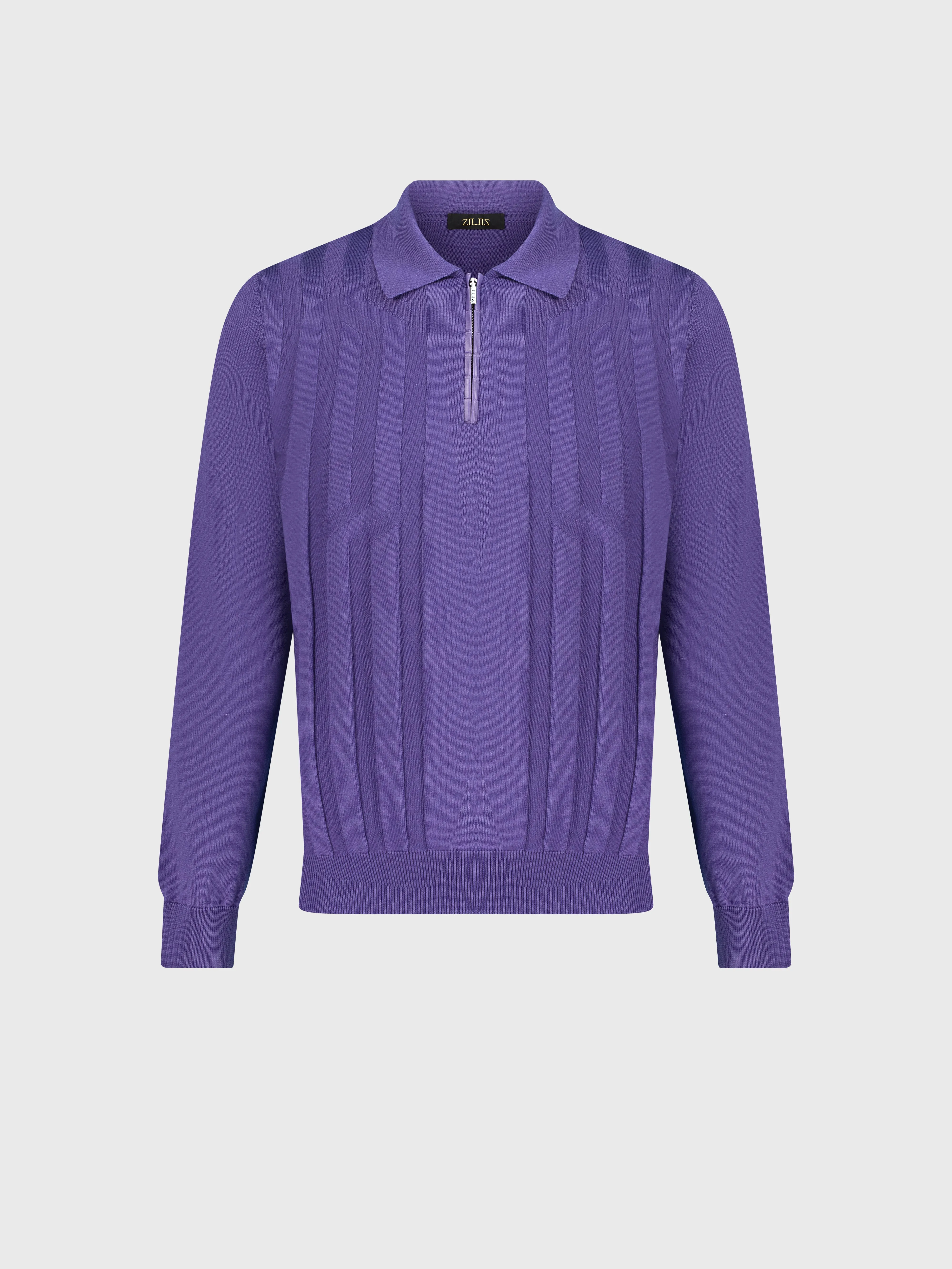 Zipped Polo with Crossed Stripes Jacquard Smoke Violet